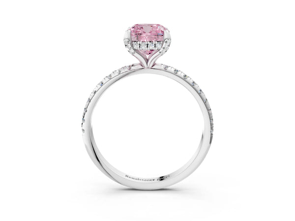 Platinum Fancy Pink Cushion Cut Diamond Solitaire Ring with Four-Prong Setting and Pavé Band
