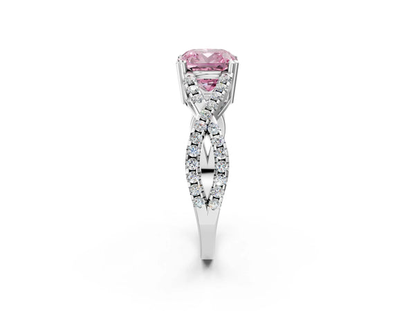 White gold Fancy Pink Cushion Cut Diamond Solitaire Ring with Four-Prong Setting and Twisted Pavé Band