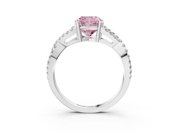White gold Fancy Pink Cushion Cut Diamond Solitaire Ring with Four-Prong Setting and Twisted Pavé Band