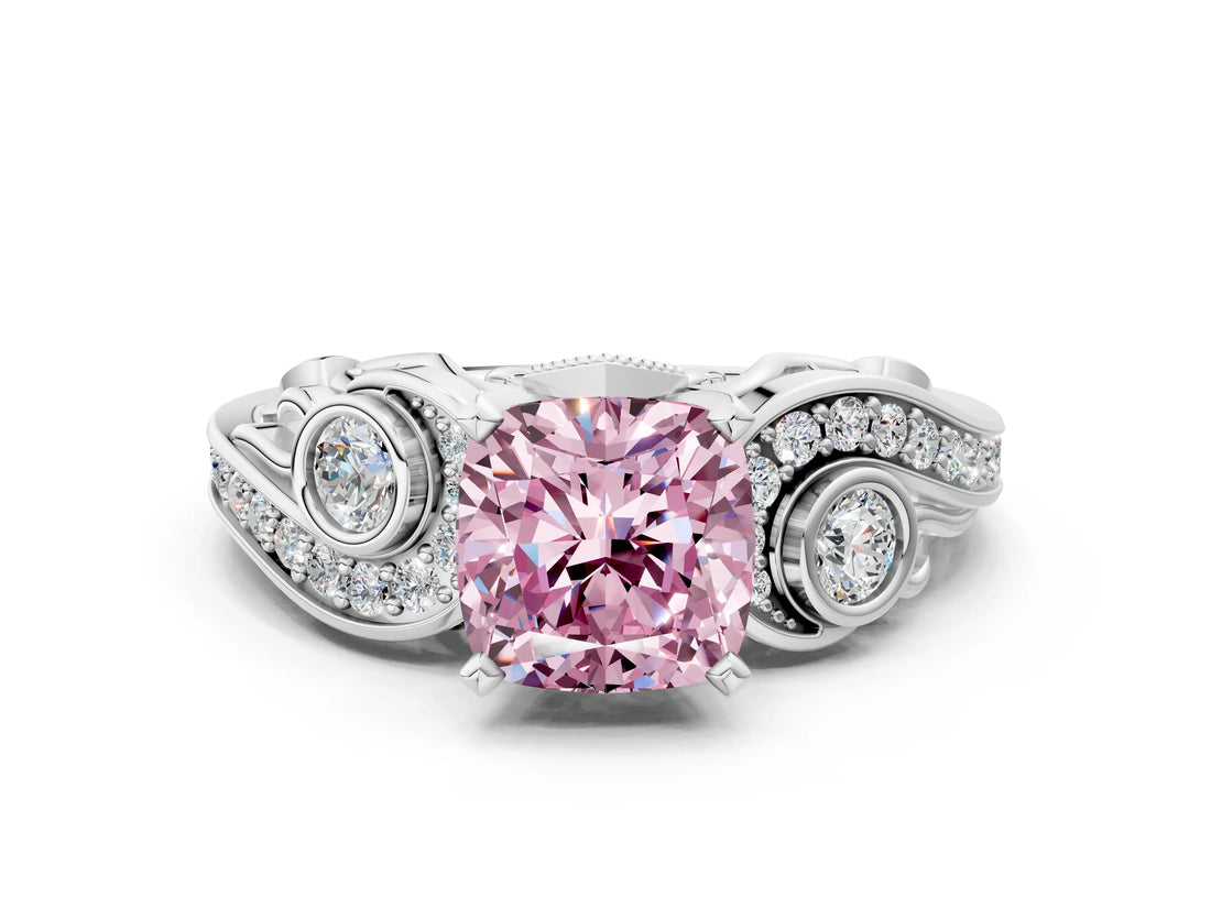 White gold Fancy Pink Cushion Cut Diamond Solitaire Ring with Milgrain Pavé Band and Four-Prong Setting_224