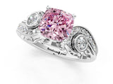 White gold Fancy Pink Cushion Cut Diamond Solitaire Ring with Milgrain Pavé Band and Four-Prong Setting_225