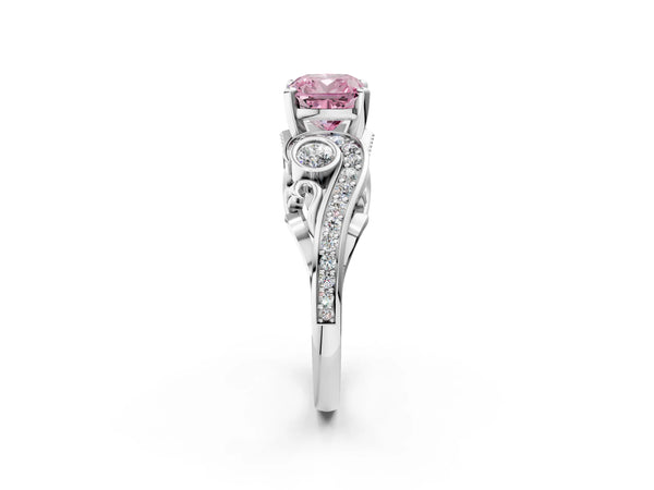 Platinum Fancy Pink Cushion Cut Diamond Solitaire Ring with Milgrain Pavé Band and Four-Prong Setting