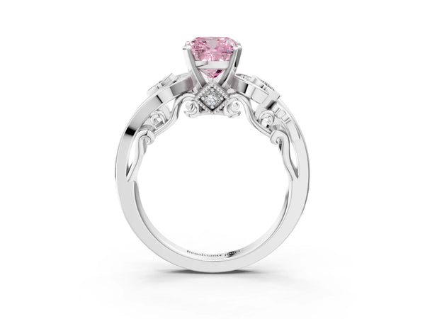 Platinum Fancy Pink Cushion Cut Diamond Solitaire Ring with Milgrain Pavé Band and Four-Prong Setting