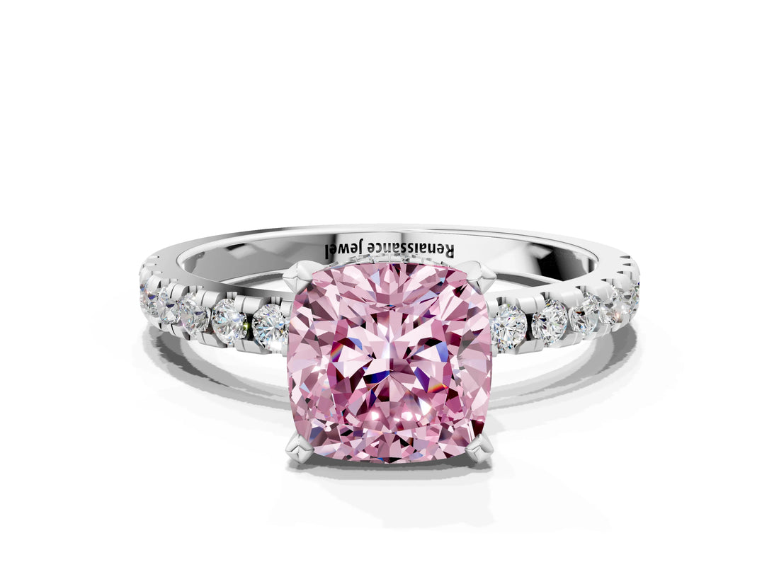 White gold Fancy Pink Cushion Cut Diamond Solitaire Ring with Pavé Band and Four-Prong Setting_97