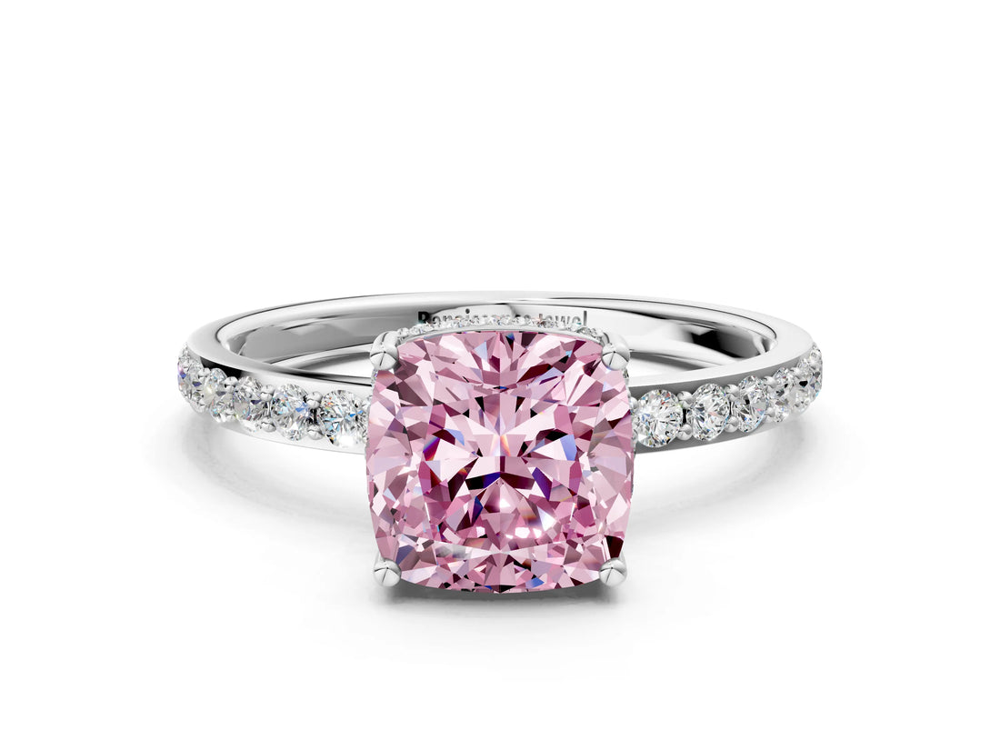 White gold Fancy Pink Cushion Cut Diamond Solitaire Ring with Pavé Band and Hidden Halo_32