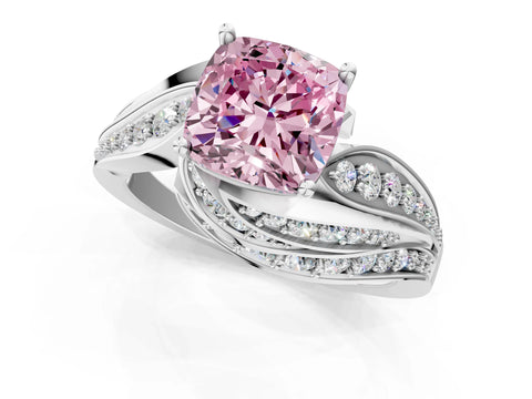White gold Fancy Pink Cushion Cut Diamond Solitaire Ring with Prong Setting and Twisted Pavé Band_1