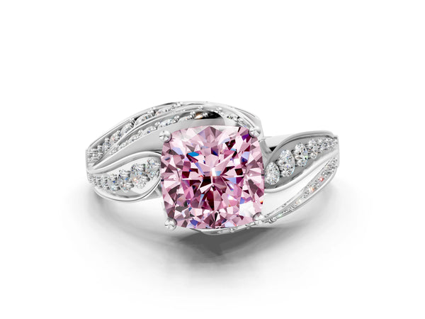 White gold Fancy Pink Cushion Cut Diamond Solitaire Ring with Prong Setting and Twisted Pavé Band