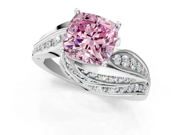 White gold Fancy Pink Cushion Cut Diamond Solitaire Ring with Prong Setting and Twisted Pavé Band