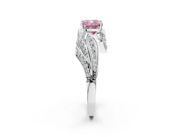 White gold Fancy Pink Cushion Cut Diamond Solitaire Ring with Prong Setting and Twisted Pavé Band