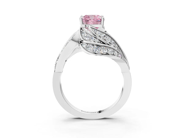 White gold Fancy Pink Cushion Cut Diamond Solitaire Ring with Prong Setting and Twisted Pavé Band