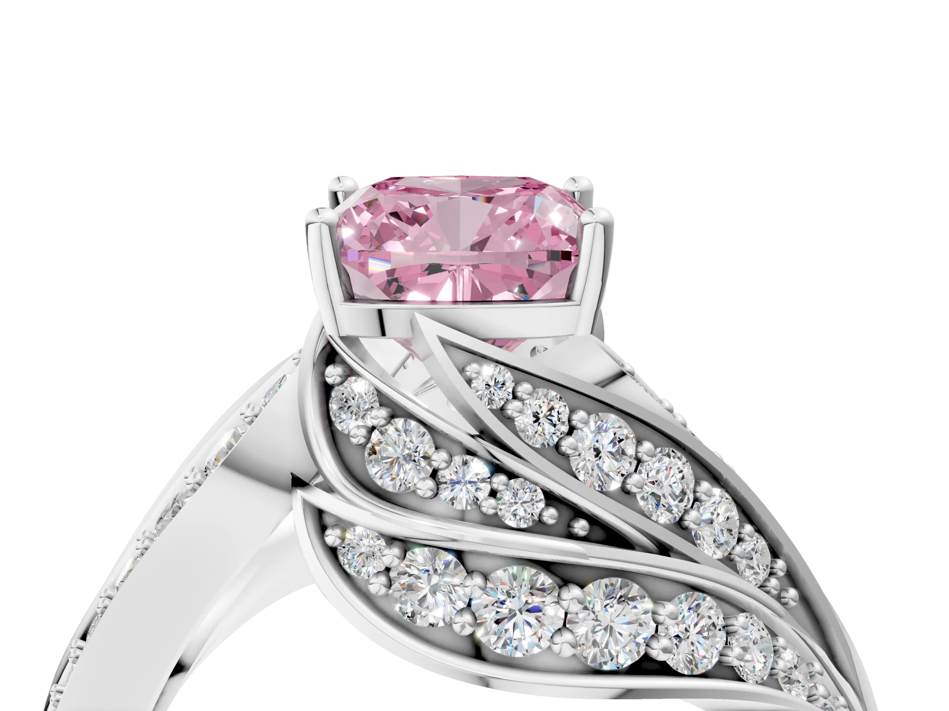 White gold Fancy Pink Cushion Cut Diamond Solitaire Ring with Prong Setting and Twisted Pavé Band_4