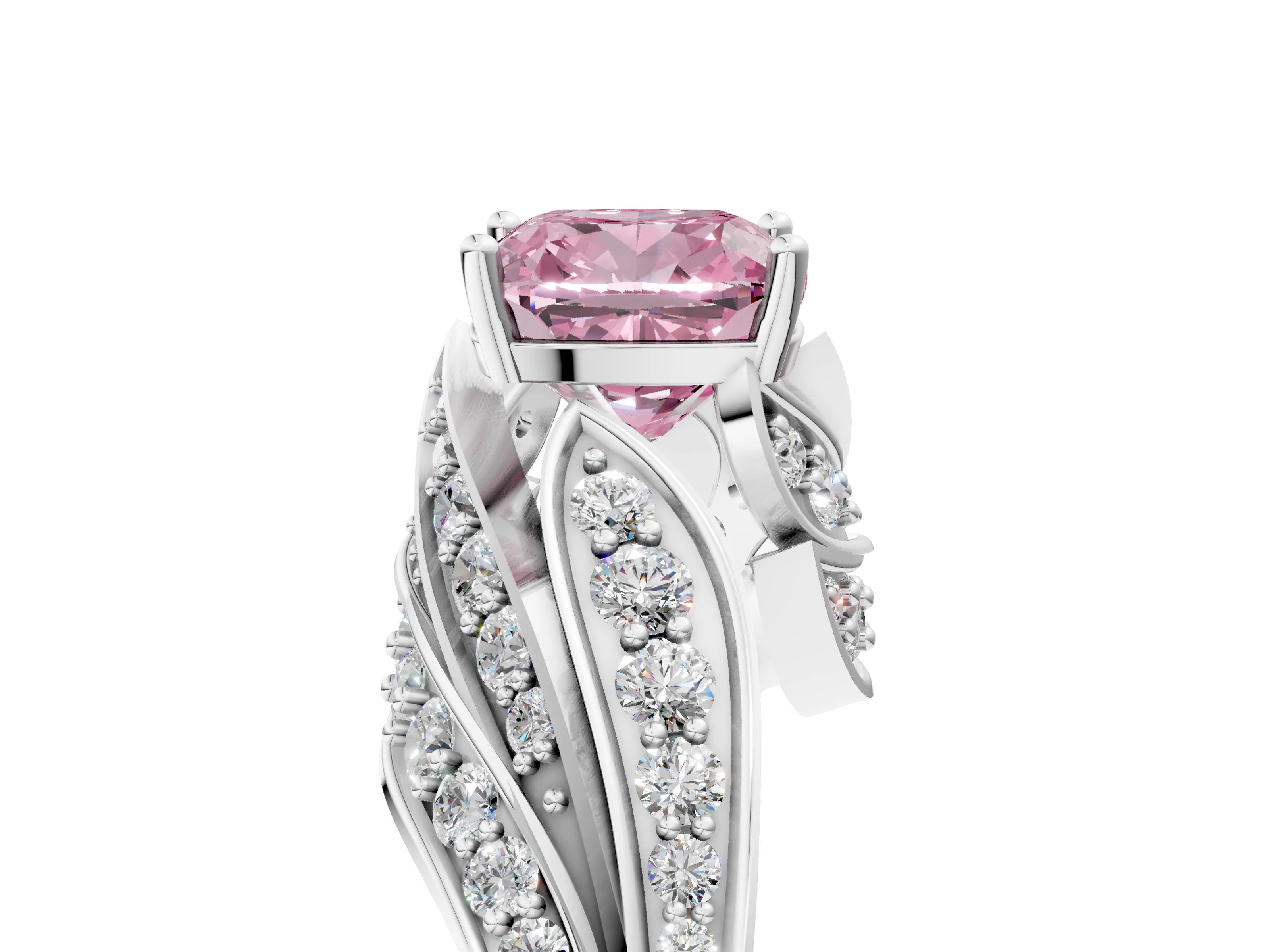 White gold Fancy Pink Cushion Cut Diamond Solitaire Ring with Prong Setting and Twisted Pavé Band_5