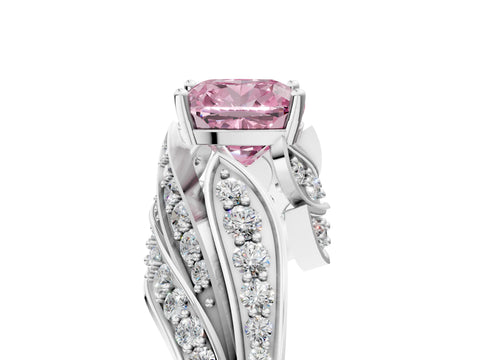 White gold Fancy Pink Cushion Cut Diamond Solitaire Ring with Prong Setting and Twisted Pavé Band_5