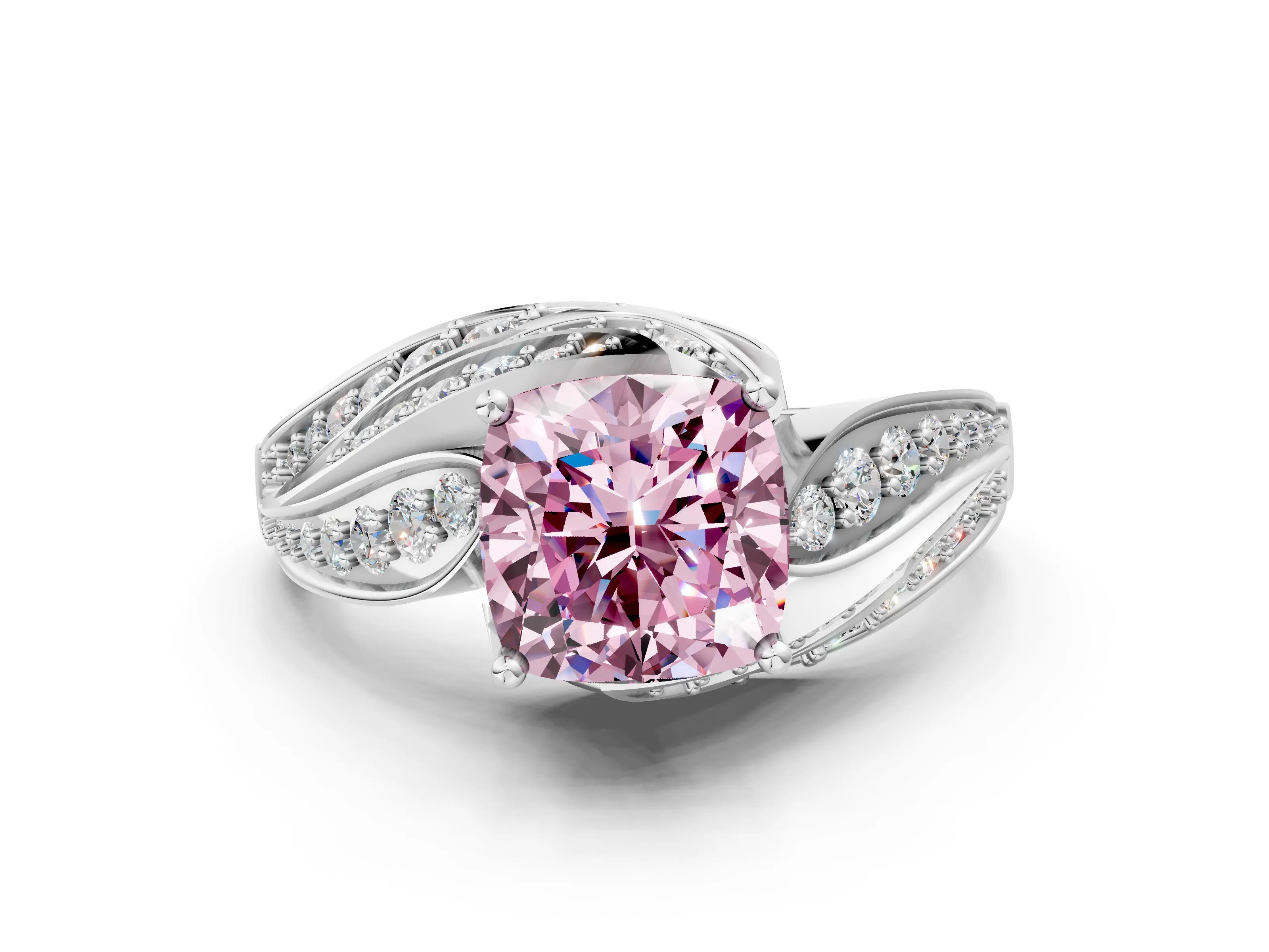 White gold Fancy Pink Cushion Cut Diamond Solitaire Ring with Prong Setting and Twisted Pavé Band