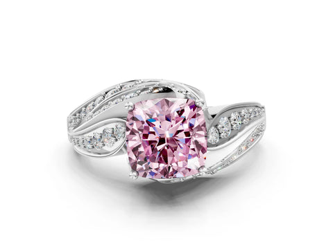 White gold Fancy Pink Cushion Cut Diamond Solitaire Ring with Prong Setting and Twisted Pavé Band