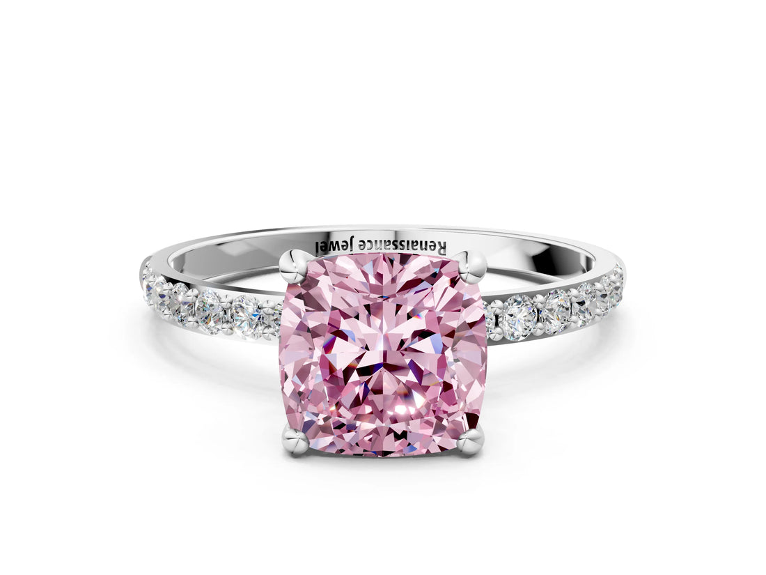White gold Fancy Pink Cushion Cut Diamond Solitaire Ring with Round  Pavé Band and Prong Setting_138