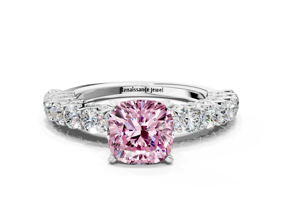 White gold Fancy Pink Cushion Cut Diamond Solitaire Ring with Shared Prong Pavé Band and Four-Prong Setting_70