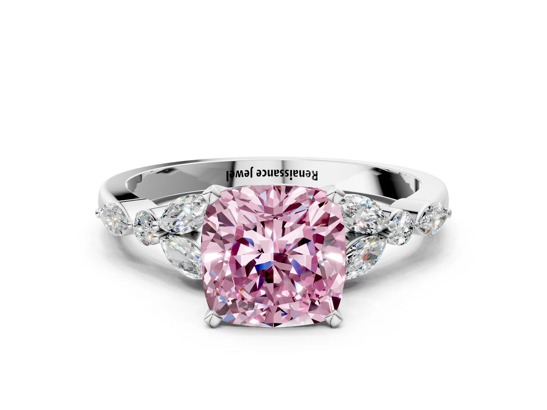White gold Fancy Pink Cushion Cut Diamond Solitaire Ring with Side Stones and Four-Prong Setting_91
