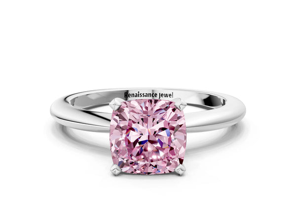 Platinum Fancy Pink Cushion Cut Diamond Solitaire Ring with Six-Prong Setting and Classic Band