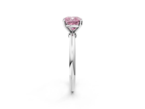 Platinum Fancy Pink Cushion Cut Diamond Solitaire Ring with Six-Prong Setting and Classic Band