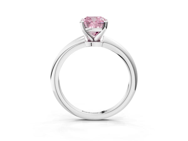 Platinum Fancy Pink Cushion Cut Diamond Solitaire Ring with Six-Prong Setting and Classic Band