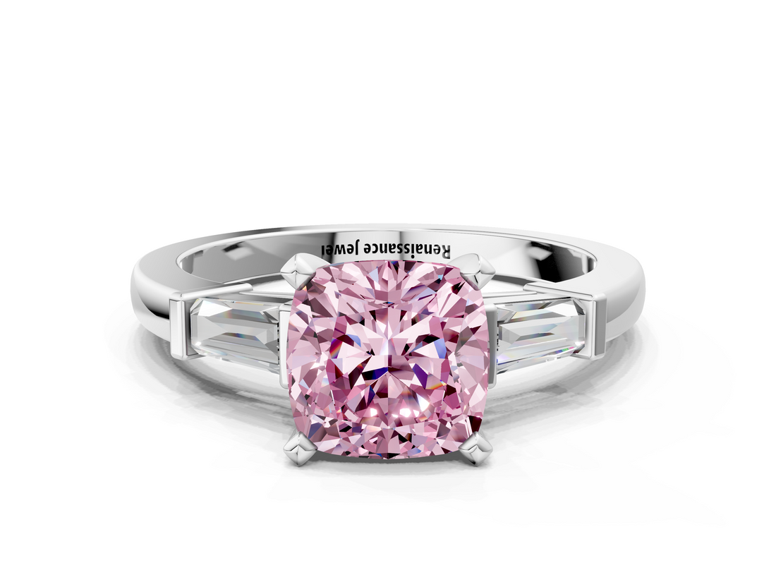 White gold Fancy Pink Cushion  Cut Diamond Solitaire Ring with Tapered Baguette Accents and Four-Prong Setting_77