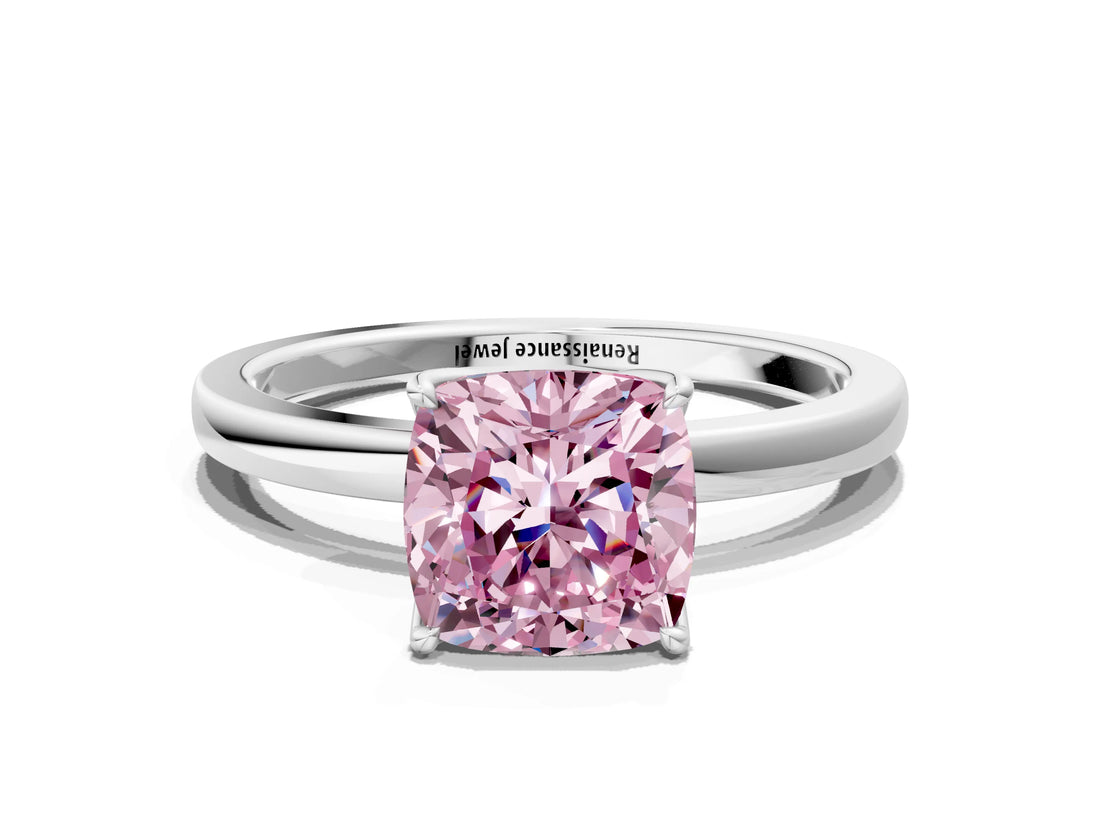 White gold Fancy Pink Cushion Cut Diamond Solitaire Ring with Thin Band and Prong Setting_16
