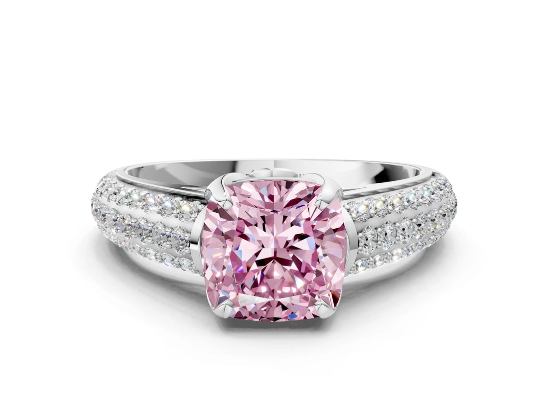 White gold Fancy Pink Cushion Cut Diamond Solitaire Ring with Three-Row Pavé Band and Four-Prong Setting_49