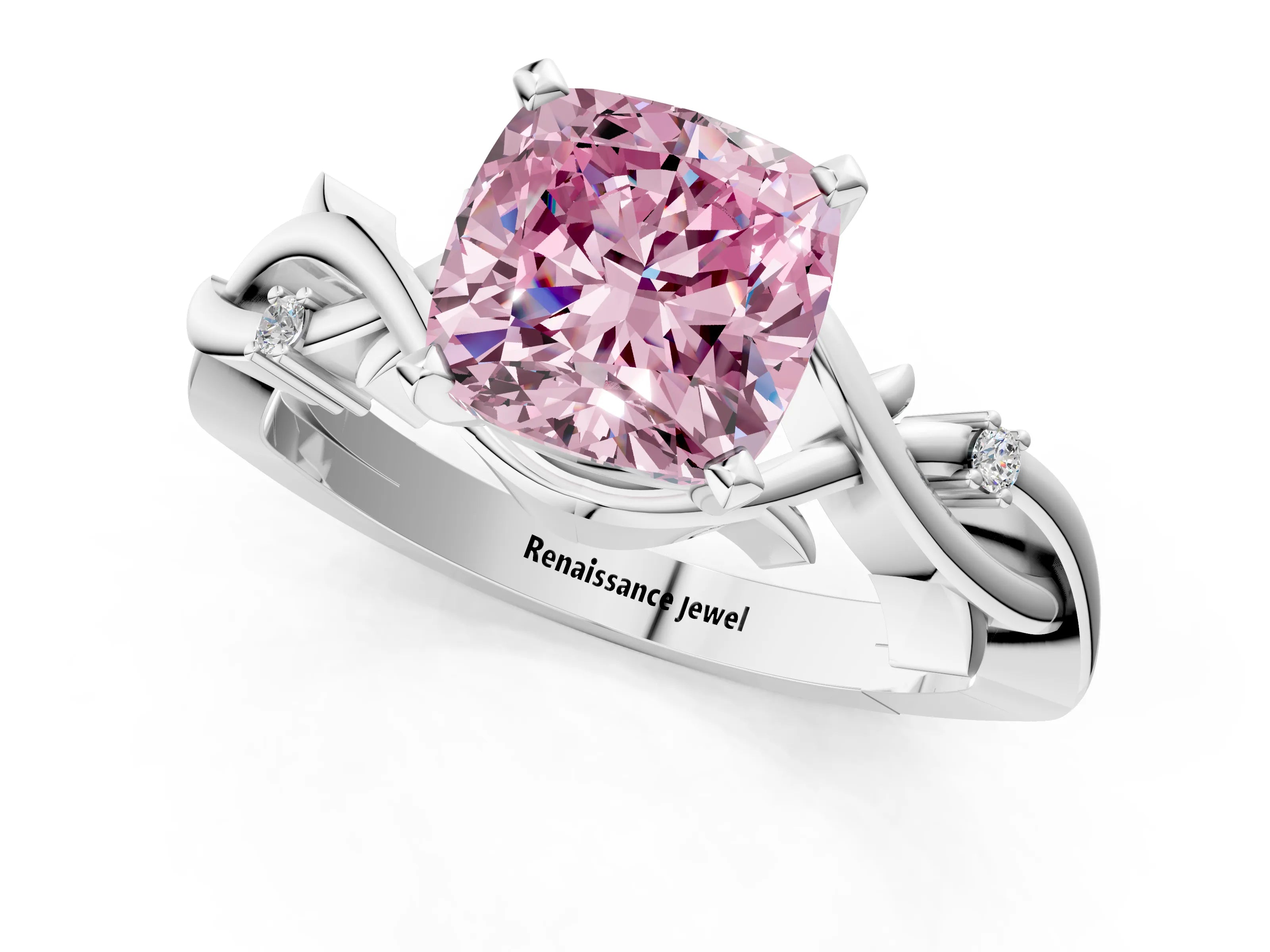 White gold Fancy Pink Cushion Cut Diamond Solitaire Ring with Twisted Band and Prong Setting_152
