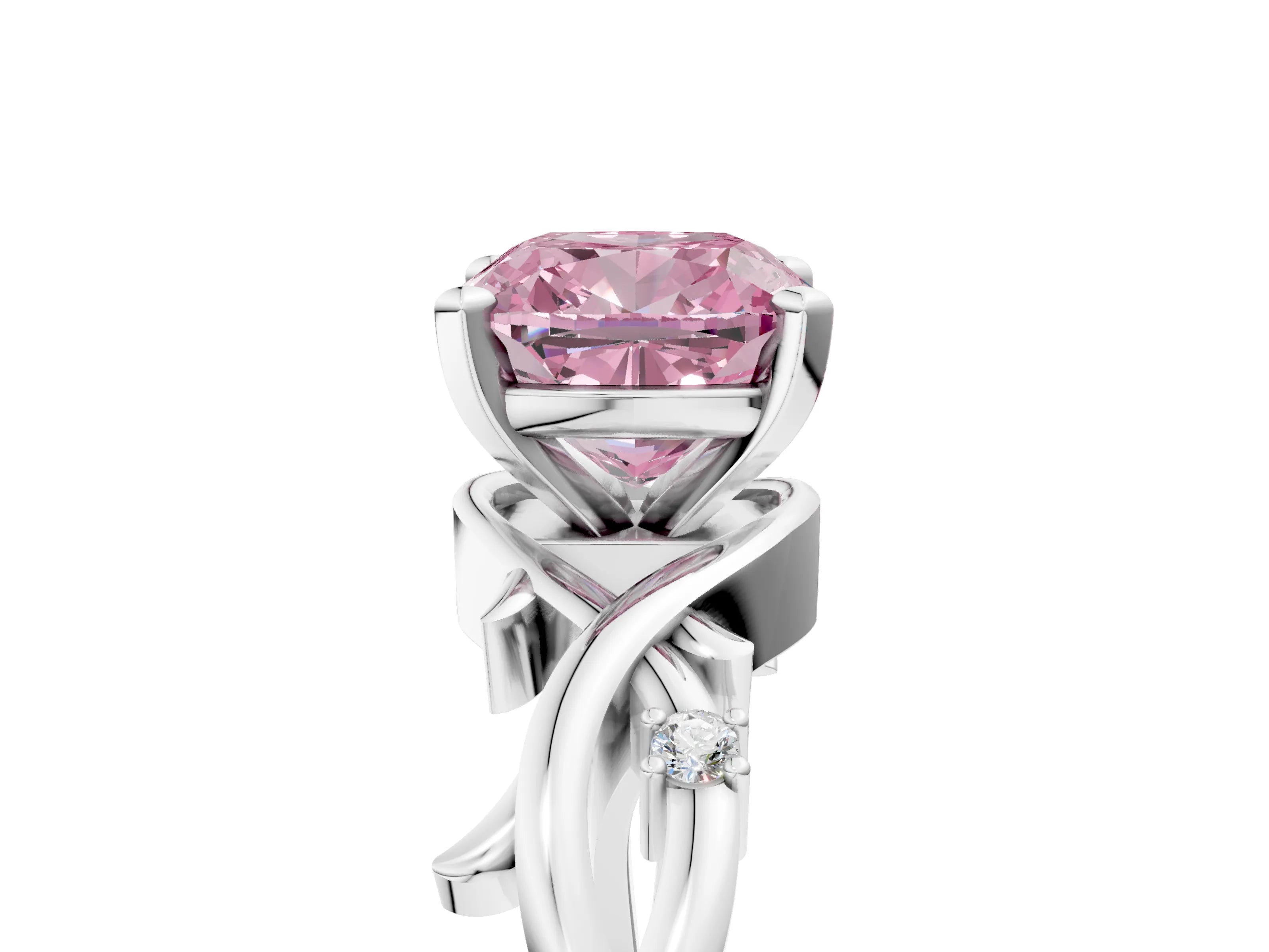 White gold Fancy Pink Cushion Cut Diamond Solitaire Ring with Twisted Band and Prong Setting_156