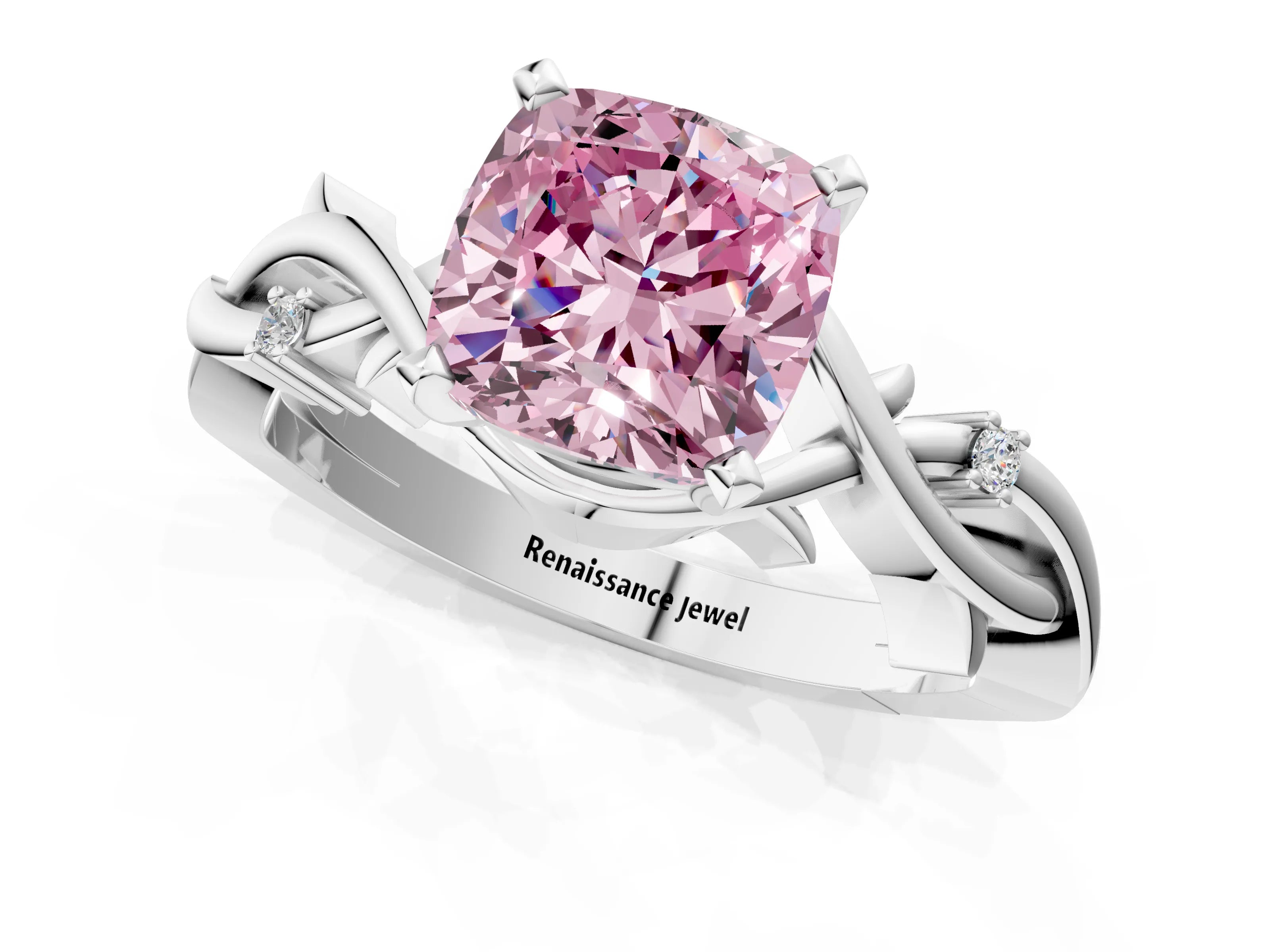 White gold Fancy Pink Cushion Cut Diamond Solitaire Ring with Twisted Band and Prong Setting_160