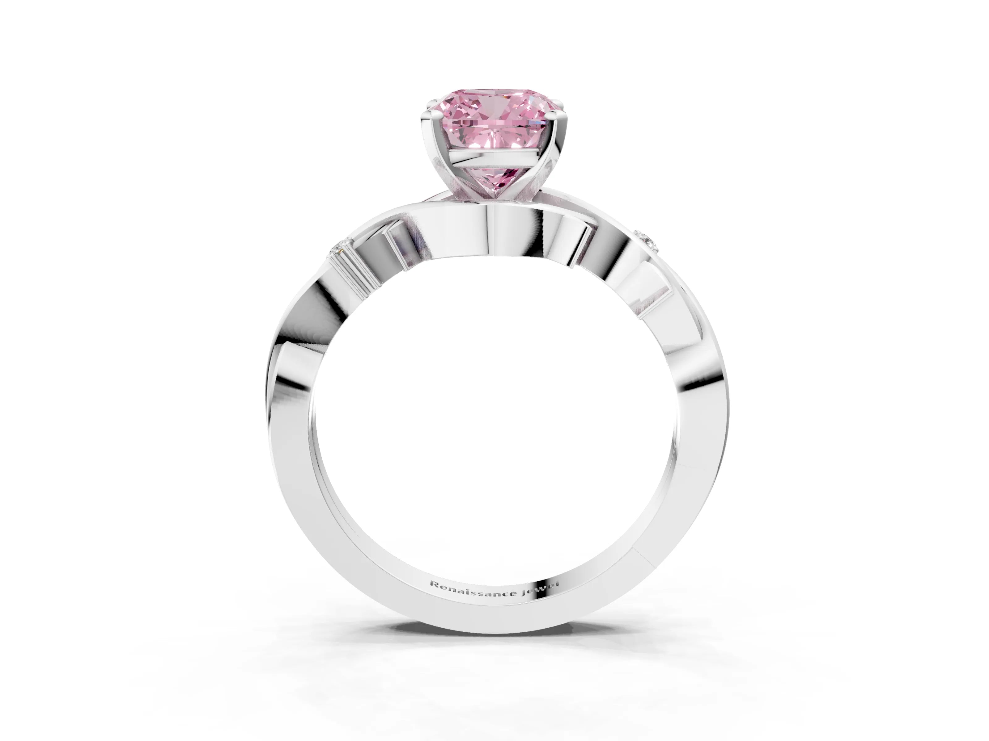 White gold Fancy Pink Cushion Cut Diamond Solitaire Ring with Twisted Band and Prong Setting_162