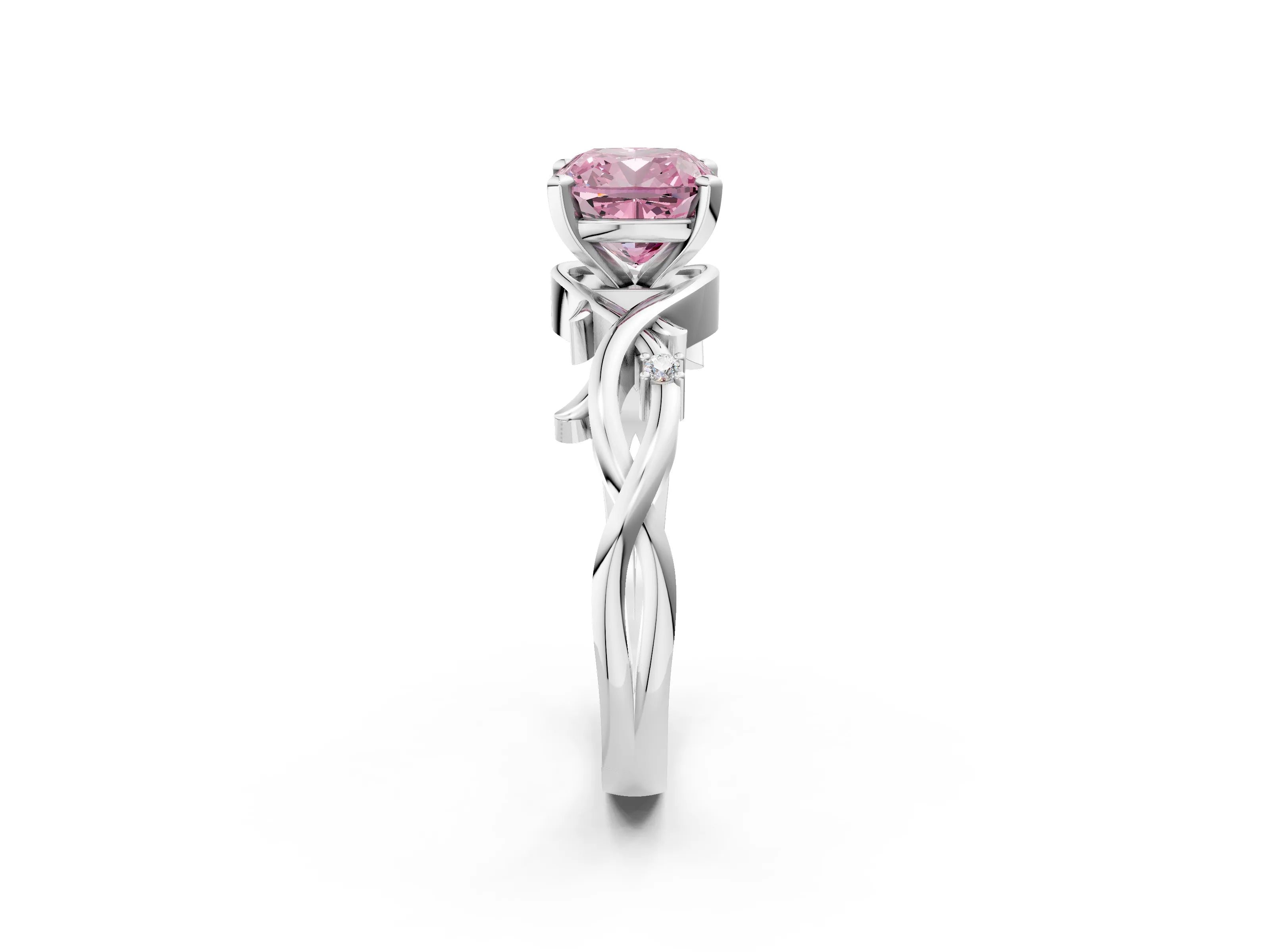 White gold Fancy Pink Cushion Cut Diamond Solitaire Ring with Twisted Band and Prong Setting_166