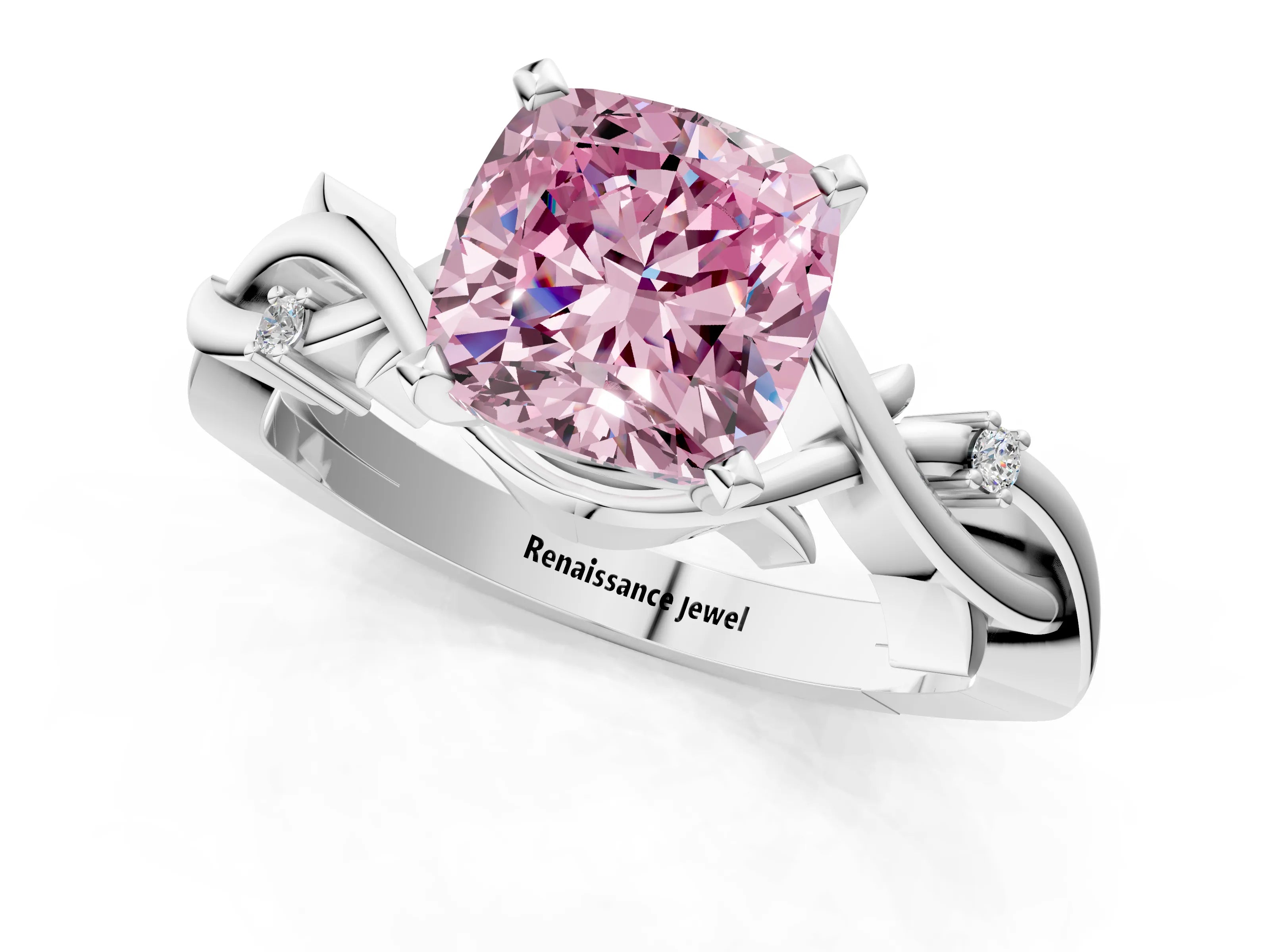White gold Fancy Pink Cushion Cut Diamond Solitaire Ring with Twisted Band and Prong Setting_171