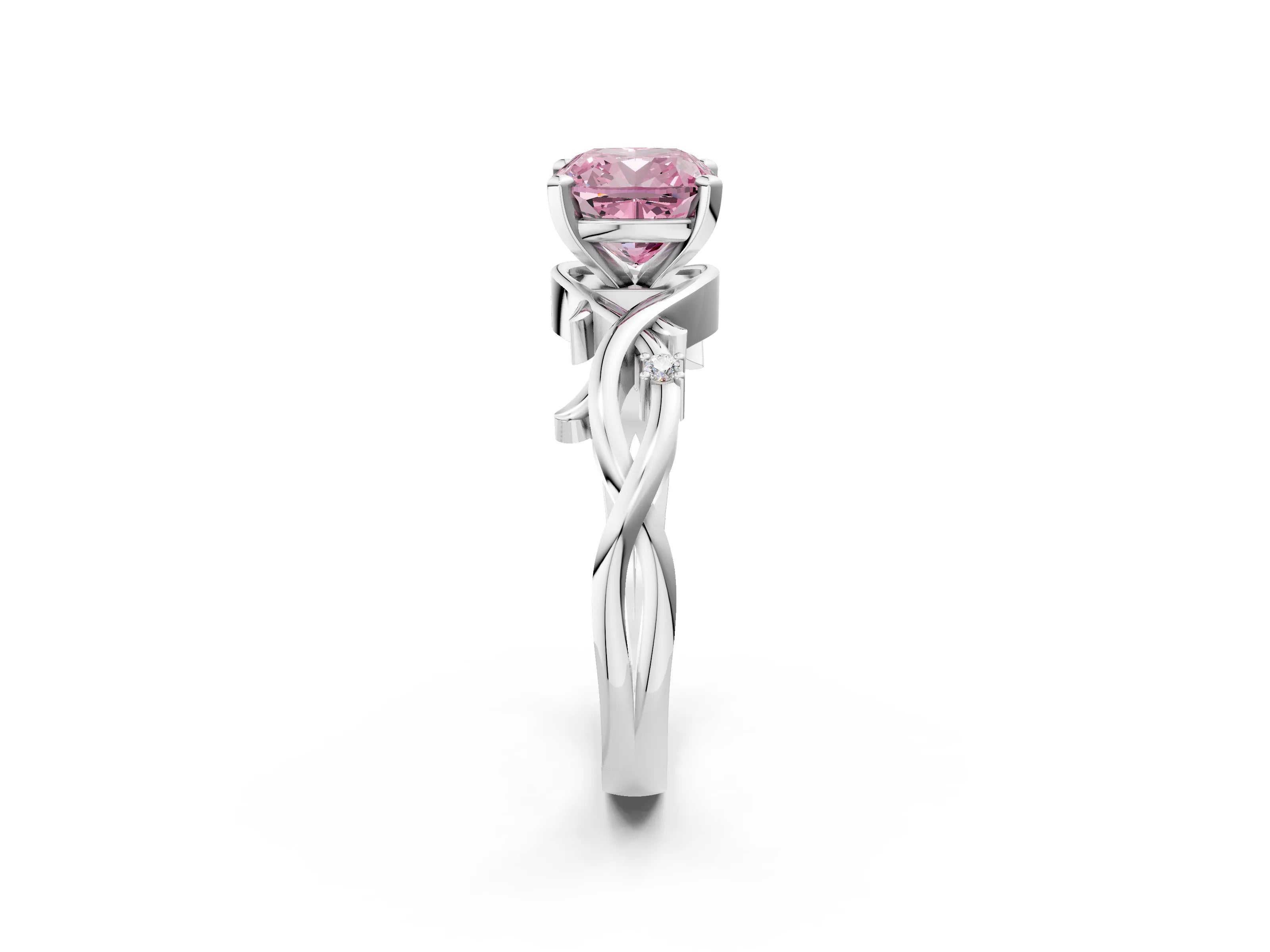 White gold Fancy Pink Cushion Cut Diamond Solitaire Ring with Twisted Band and Prong Setting_178