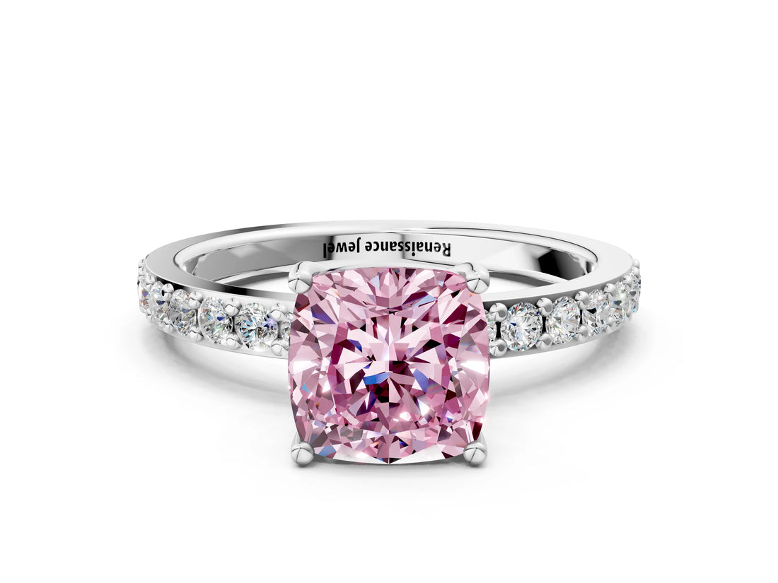 White gold Fancy Pink Cushion  Cut Diamond Solitaire with Pave Band and Four-Prong Setting