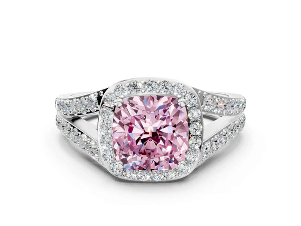 Sterling Silver Cushion Cut Halo Engagement Ring Setting for Fancy Pink Center with Narrow Pave Split Shank