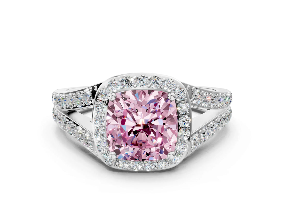 White gold Fancy Pink Cushion Cut Diamond Split Shank Halo Ring with Four-Prong Setting_95