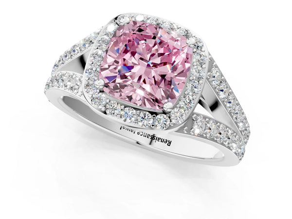 White Gold Cushion Cut Halo Engagement Ring Setting for Fancy Pink Center with Narrow Pave Split Shank