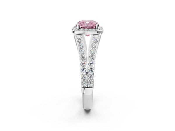 White Gold Cushion Cut Halo Engagement Ring Setting for Fancy Pink Center with Narrow Pave Split Shank