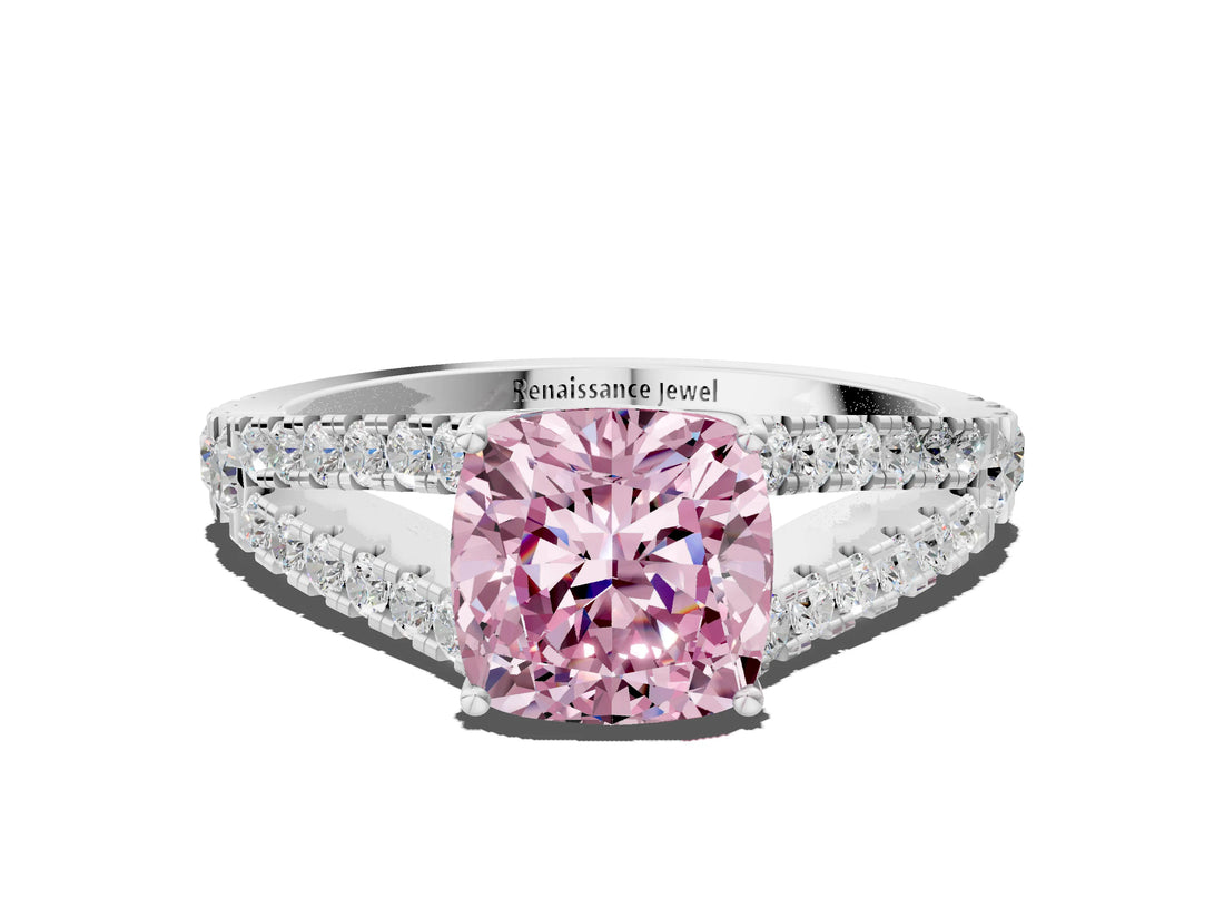 White gold Fancy Pink Cushion Cut Diamond Split Shank Pavé Engagement Ring with Four-Prong Setting_93