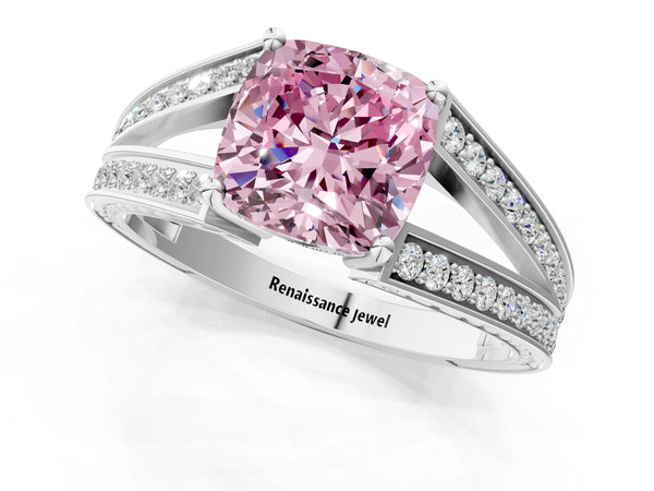 Platinum Cushion Cut Pave Split Shank Engagement Ring Setting for Fancy Pink Center