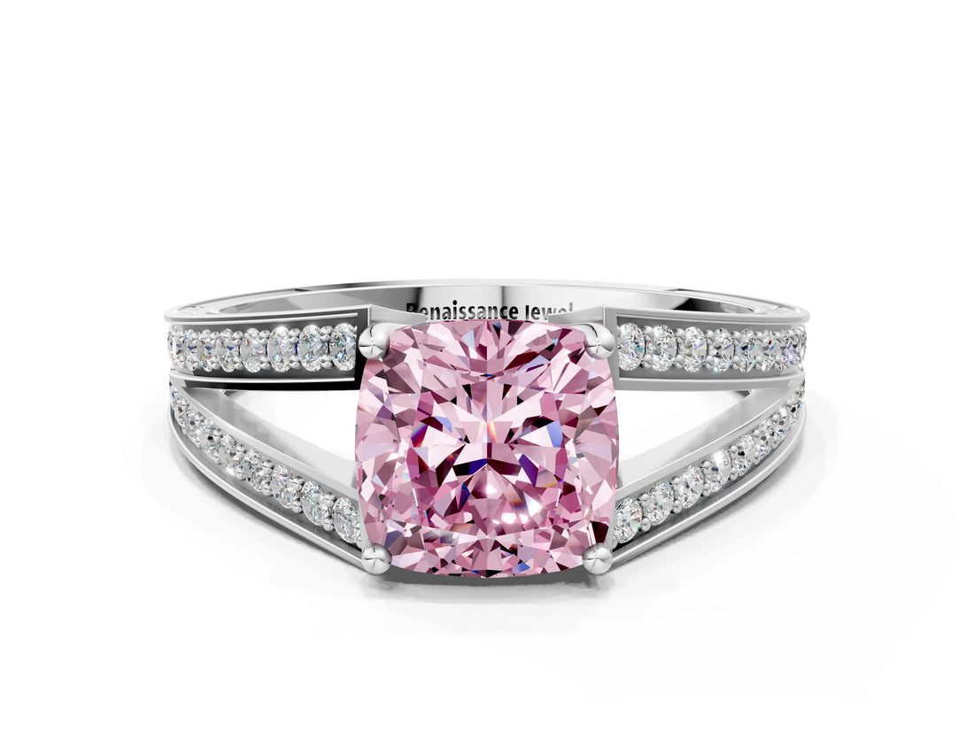 White gold Fancy Pink Cushion Cut Diamond Split Shank Ring with Pavé Band and Four-Prong Setting_61
