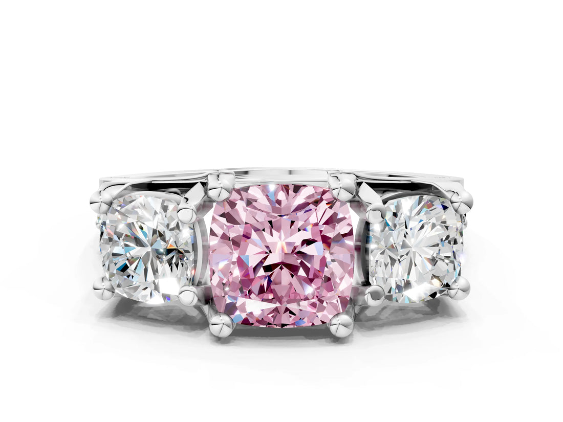 White gold Fancy Pink Cushion Cut Diamond Three-Stone Ring with Channel Set Band and Four-Prong Setting_63