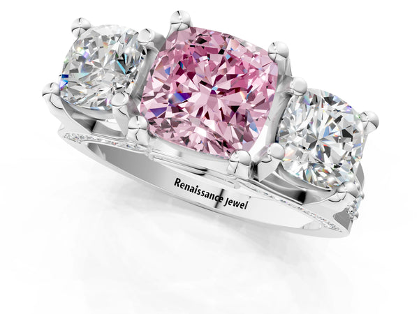 Platinum Fancy Pink Cushion Cut Diamond Three-Stone Ring with Channel Set Band and Four-Prong Setting