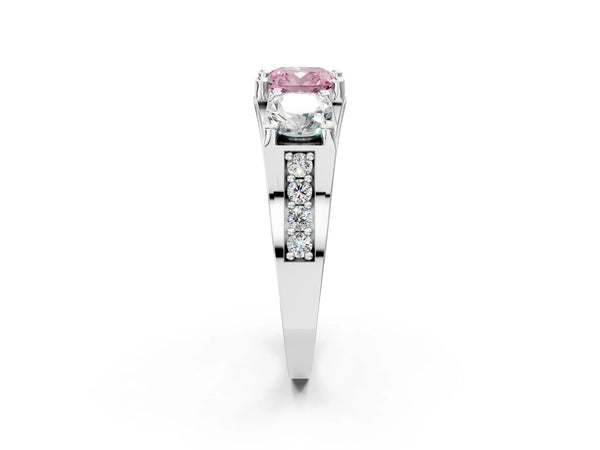 Platinum Fancy Pink Cushion Cut Diamond Three-Stone Ring with Channel Set Band and Four-Prong Setting