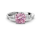 White gold Fancy Pink Cushion Cut Diamond Three-Stone Ring with Pear  Side Stones and Prong Setting_162