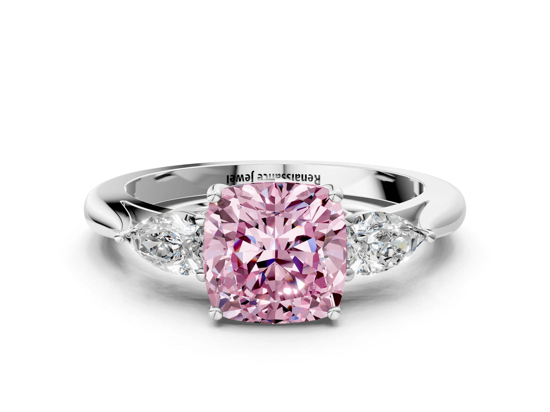 White gold Fancy Pink Cushion Cut Diamond Three-Stone Ring with Pear  Side Stones and Prong Setting_169