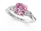 White gold Fancy Pink Cushion Cut Diamond Three-Stone Ring with Pear  Side Stones and Prong Setting_170