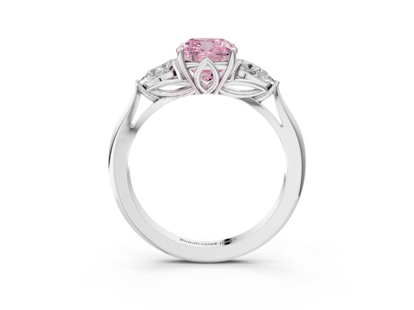 Platinum Cushion Cut Three Stone Pear Side Engagement Ring Setting for Fancy Pink Center